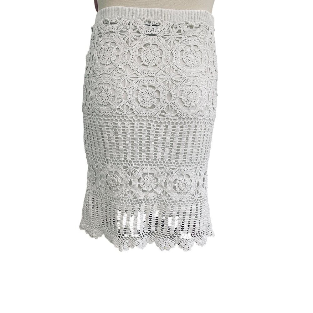 Boho Crochet Midi Skirt‎ White Floral Knit Lined 111 State XL Cottagecore - Picture 9 of 11
